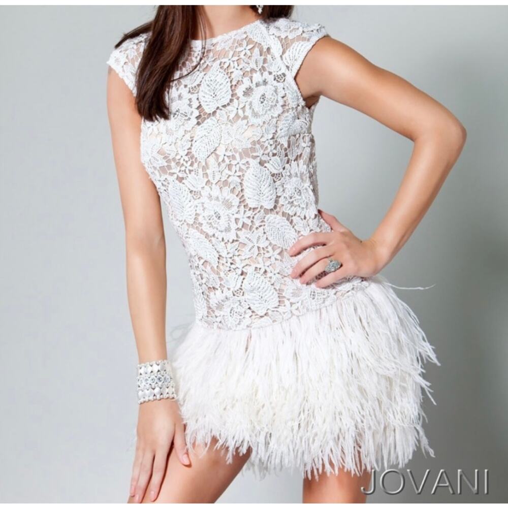 JOVANI White Lace Feather Mini Dress Open Back Pageant Bridal Cocktail Sz 4 - Picture 11 of 12